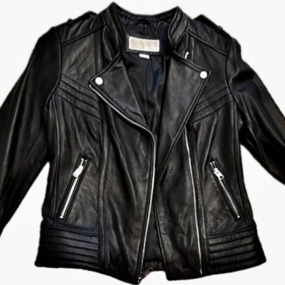 Michael Kors Leather Moto Jacket Full Zip Biker Jacket Zip Pocket Black Wm M NEW - Picture 9 of 12